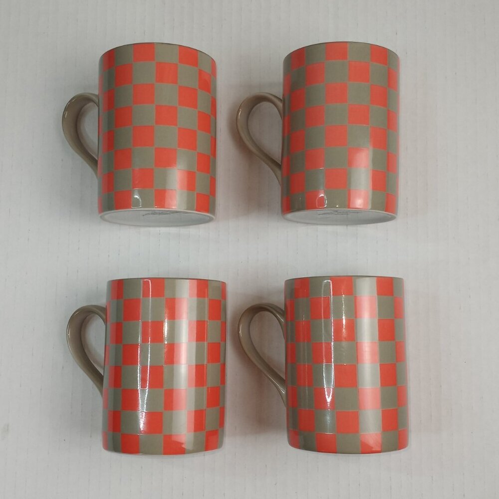 Fitz and Floyd Checks Orange Taupe Fine Porcelain Coffee Tea Mug